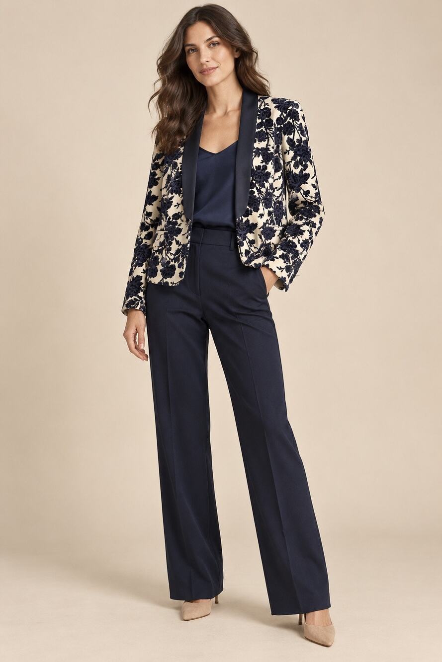 Tory Burch Floral Velvet Tuxedo Blazer Ivory Navy Size 10